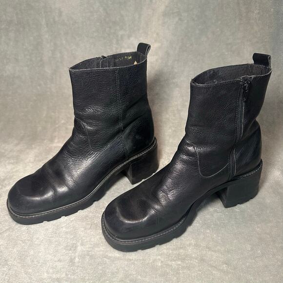 New Terrain Zip Ankle Boots Women Sz 7.5M Black Leather Chunky Heel Grunge Goth - Picture 9 of 16